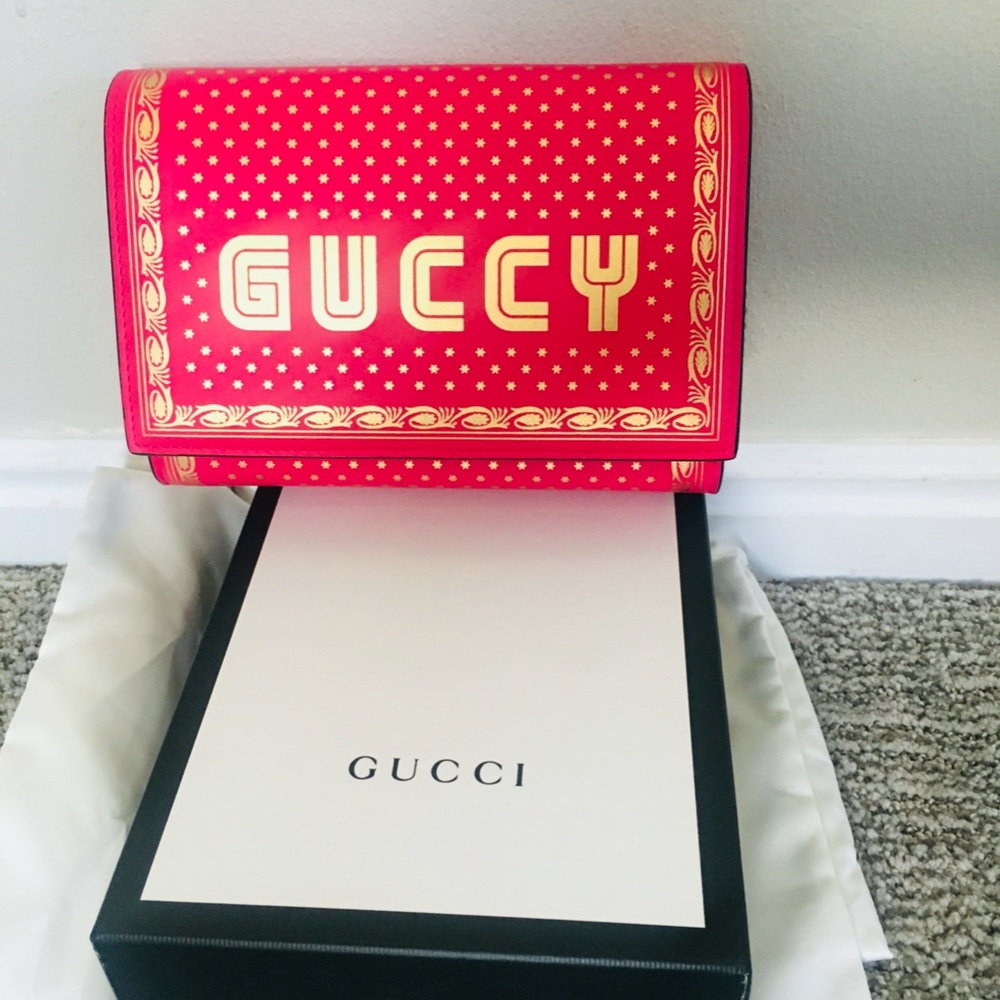 New Authentic Gucci Guccy Logo Moon & Stars Leather Wallet Chain Small P… - Picture 8 of 15
